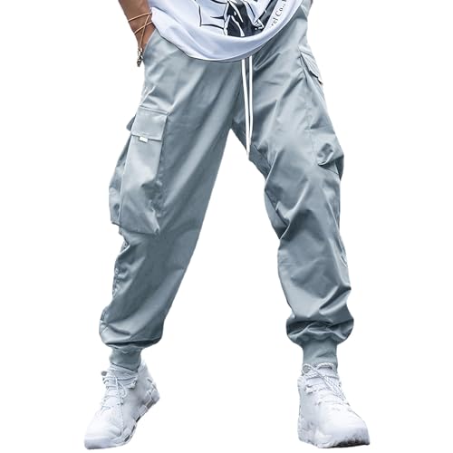 WZIKAI Men's Casual Cargo Pants Elastic Waist Drawstring Tapered Pants Athletic Techwear Joggers Pants with Flap Pockets2