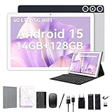 2026 Neueste Android 15 Tablet 10 Zoll, 4G LTE Tablets Mit 2 SIM 1 SD slot, 5G Wifi Tablett PC Mit 14GB+128GB(1TBTF), 3 in 1 Tablet Mit Tastatur Maus Octa core, 1080FHD,13+8MP,7000mAh,GPS/OTG Silber
