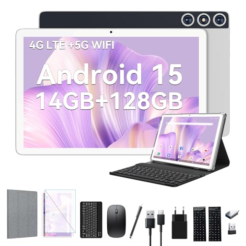 2026 Neueste Android 15 Tablet 10 Zoll, 4G LTE Tablets Mit 2 SIM 1 SD slot, 5G Wifi Tablett PC Mit 14GB+128GB(1TBTF), 3-in-1 Tablet Mit Tastatur Maus-Octa-core, 1080FHD,13+8MP,7000mAh,GPS/OTG-Silber