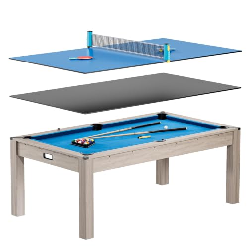 Garvee 7FT 3 in 1 Pool Table with Dining & Table Tennis Top Multi-Game Table with Accessories (Balls Cues Ping Pong) Convertible Billiards and Table Tennis HDF Wood Grain Finish & Chrome Accents