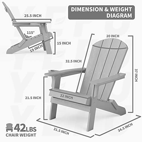 Yefu Adirondack Chair, Oversized Plastic Adirondack Chair Folding Outdoor Chairs With Cup Holder, Lawn Chair With Weather Resistant For Outside Deck Lawn Garden, Weight Capacity Up To 400 Lbs –Grey #TOP2