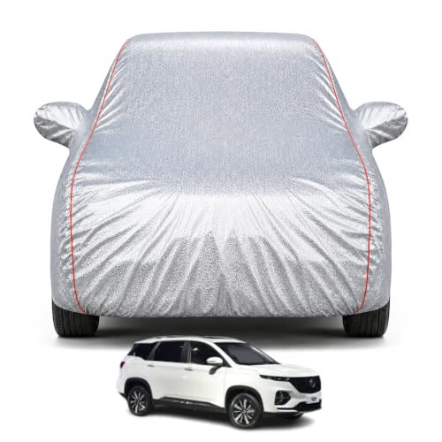 Image of Premium Car Cover for MG Hector Plus Model | Waterproof, UV & Dust Protection | Mirror & Antenna Pocket | Triple Stitched, Soft Inner Lining, Belt & Buckle (Metalic Silver)