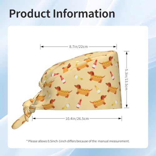 Image of Dachshund Hot Dog Working Cap Scrub Cap with Sweatband Adjustable Unisex Tie Back Hat for Cleaning Farm Nursing