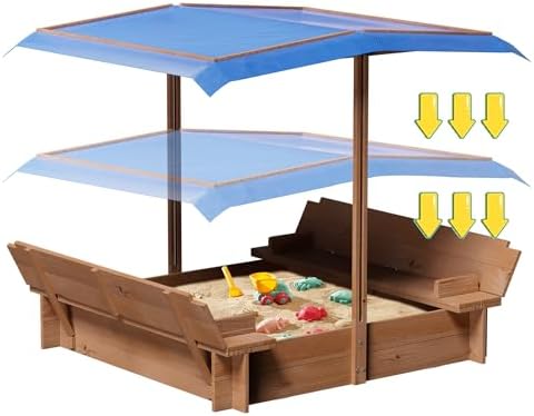 GarveeTech Kids Wooden Sandbox with Adjustable Canopy, Sandbox with Sunshade Cover & 2 Foldable Bench Seats, Kids Sandboxs with Canopy