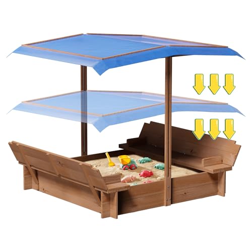 Kids Wooden Sandbox with Adjustable Canopy, Sandbox with Sunshade Cover & 2 Foldable Bench Seats, Kids Sandboxs with Canopy with Adjustable Canopy & B