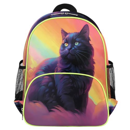 Sac à dos enfant chat noir abstrait et arc-en-ciel coloré
