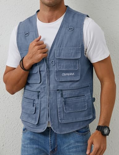 Gihuo Men's Fishing Vest Casual Utility Travel Safari Cargo Outdoor Work Photo Fly Vest Jacket with Multi Pockets (X-Large, Blue)3