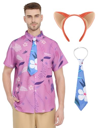 Halloween Cosplay Costume Adult Hawaiian Pink Floral Fox Shirt with Tie for Men Halloween Animal Cosplay Party (M)