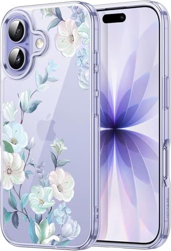 Image of Elzzi Clear Transparent Flower Cover for iPhone 17 Case Shockproof Floral Design Full Camera Protection Shockproof PC+TPU Transparent Cover for Girls & Women (Blue)