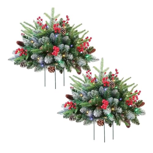Image of Chatonshen Lawn Support Stake Half Round Christmas Tree Seasonal Garden Decor With Illuminated PVC Branch Detail With Red Berries And Pinecones easy, White, Pe Double S501-6