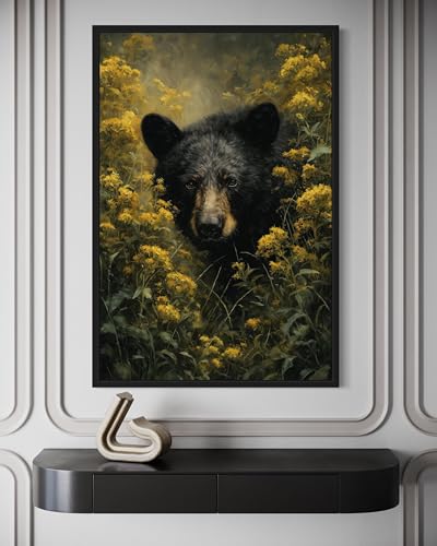 Peinture ours noir et fleurs sauvages art mural de prestige texture canvas authentique 70x110