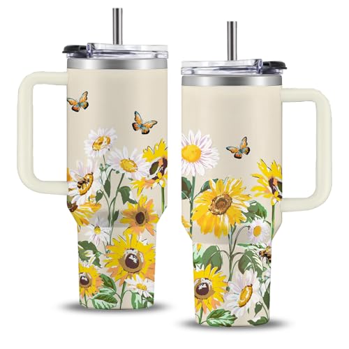 WWHSAI White Daisies Sunflowers Tumbler 40oz, Daisy Aesthetic Gifts Sunflowers Stainless Steel Coffee Cup, Double Wall Vacuum Insulated Travel Mug, Christmas Birthday Gifts for Women Friend Sister Her