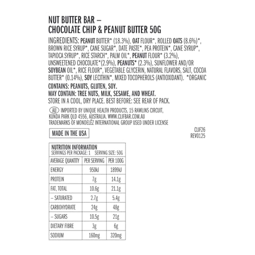 Image of CLIF Nut Butter Bar - Chocolate Chip & Peanut Butter - Filled Energy Bars - Non-GMO - USDA Organic - Plant-Based - Low Glycemic - 1.76 oz., 5 Count (Pack of 6)