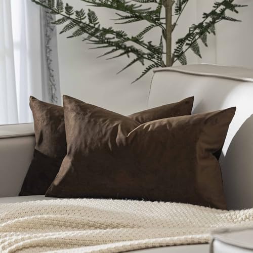 Image of JUSPURBET 12x20 Decorative Velvet Lumbar Throw Pillow Covers Set of 2,Brown | Modern Soft Cushion Covers with Hidden Zipper for Couch Sofa Bed Living Room Bedroom Home Decor