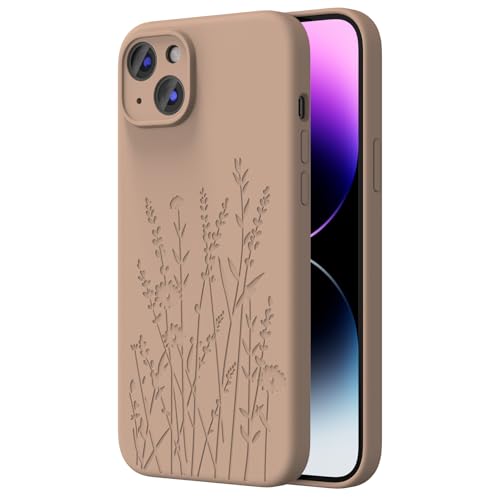 Coque iPhone 15 fleur marron en silicone gravé et chic