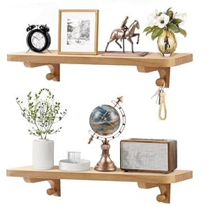 Wooden Floating Shelves for Wall Decor, 24 Inch Rustic Farmhouse Wall Shelves for Bedroom Kitchen Living Room, Sturdy Floating Book Shelves with Brackets and Hooks, Set of 2, Natural