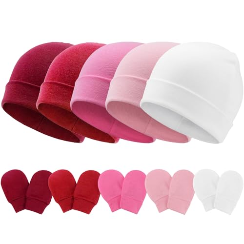 Image of AQOKKA Baby Hats and Mittens Set Toddler Cotton Beanie Infant Cap No Scratch Gloves Newborn Hospital Hats
