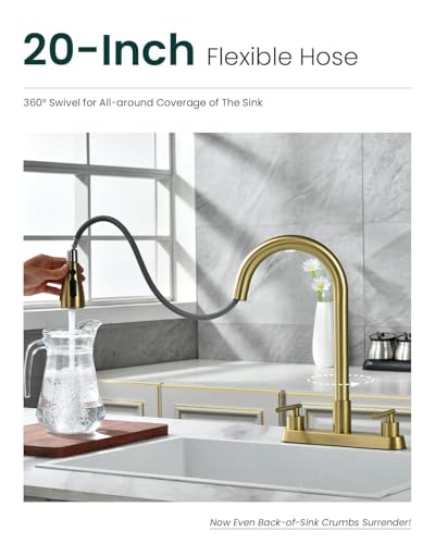 Image of APPASO 2 Handles 4 Hole Kitchen Faucet with Pull Down Sprayer Brushed Gold | Gold Kitchen Faucets with Soap Dispenser, Modern High Arc Stainless Steel for 3 & 4 Hole Sinks, Spot Free, Easy to Install