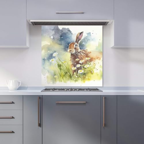 Premium Hare And Daisies Watercolour Kitchen Splashback 6mm Toughened Glass Kitchen Splashback – Heat Resistant Splashback for Kitchens, Perfect for Cookers and Hobs, Polished Edges