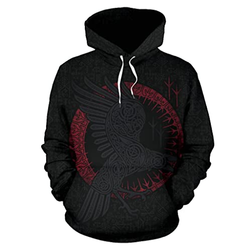 Sweat Viking imprimé 3D avec runes nordiques et capuche pour un style rétro durable