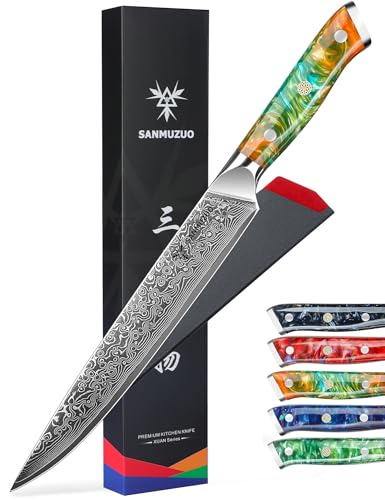 SANMUZUO Damaststahl Tranchiermesser 23 cm Fleischmesser - Xuan Serie - VG10 Damaskus Stahl Kochmesser Schinkenmesser mit Harz Griff (Dream Orange)