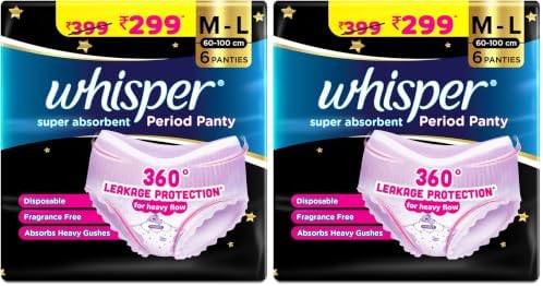 Whisper Bindazzz Night Period Panty|6 M-L Panties|Upto 0% Leaks|360 Degree Leakage Protection|Full Back Coverage|Suitable for Heavy Flow|Flex fit|Soft & Comfortable|with Disposable wrap (Pack of 2)
