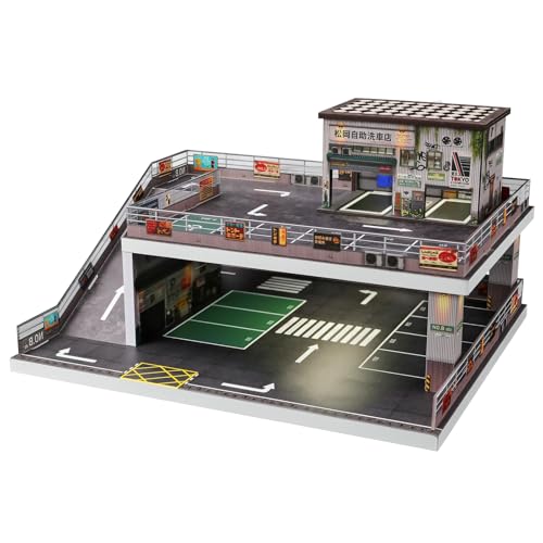 Image of kivmcds Display Case for Hot Wheels Matchbox Toy Car Monster Truck,Lighted Ramp Scene Diorama Garage Parking for 1 /64 Diecast Car,Maximum Hold 40+ Cars (Self-Service Car Wash)
