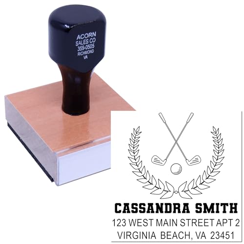 Image of Golf Laurels Emblem Wood Handle Mailing Stamp - 1-5 /8 Inch Square Imprint | Golf Mailing Stamp. Any standard pad works. Made to Order Rubber Hand Stamp. Nothing to dry out. Personalized to your text.