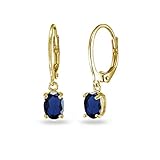 Yellow Gold Flashed Sterling Silver Created Blue Sapphire 7x5mm Oval Leverback Dangle Earrings for Women