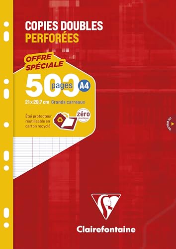 Clairefontaine 14791C Un Étui de Copies Doubles Perforées - A4 21x29,7 cm - 500 Pages Grands Carreaux - Papier Blanc 90 g - Étui Réutilisable