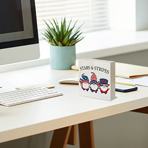 Country Patriotic Gnomes Wood Box Sign Rustic America Flag Patriotism Theme Wooden Box Sign Decorative Summer Sign Block Plaque For Home Office Desk Table Shelf Decor 5"X 5" #TOP5