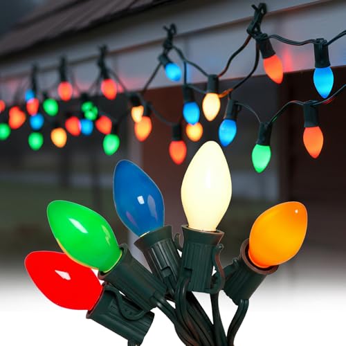 SUNSGNE 25Ft Multicolor Christmas Lights Outdoor C7 Vintage Christmas String Lights with 27 Multicolor Ceramic Bulbs(2 Spare) for Holidays Christmas Prom Party Wedding- Green Wire