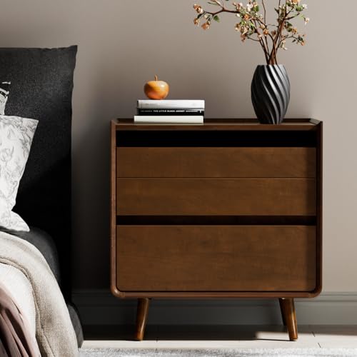 25.43" Walnut Nightstand with Charging Station Mid Century Modern Night Stand with Leg Wood Bedside Table with Drawers Nightstand for Bedroom Dorm