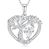 LOCIBLO Tree of Life Necklaces for Women 925 Sterling Silver Heart Pendant White Gold Cubic Zirconia Diamond Necklace April Birthstone Jewellery for Her, 18'+2'