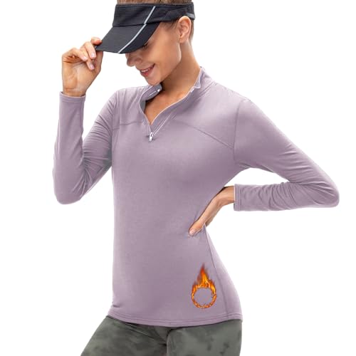 ATRACTIVOLL Women's Long-Sleeved Running Shirt with Half Zip Breathable Lightweight Gym Thermal Fitness Autumn Winter Baselayer Functional Compression Slim Fit, Taro Purple, XXL