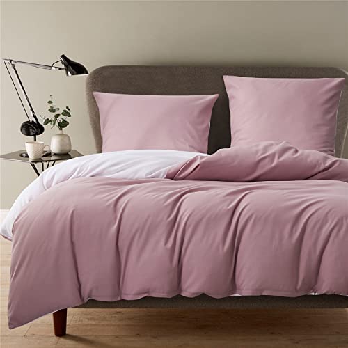 Boqingzhu Bettwäsche 155x220cm Rosa Altrosa Weiß Uni Einfarbig Wendebettwäsche Set Microfaser Bettbezug und 2 Kissenbezüge 80x80cm mit Reißverschluss Cover