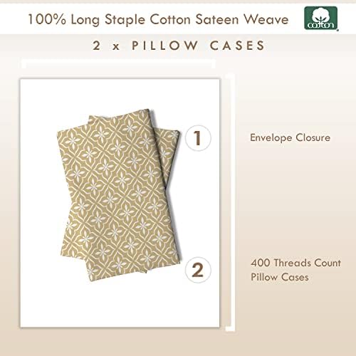 Pizuna Oriental Printed Pillow Cases 48X74 cm 2 pack Cotton Tan, 100% Long Staple Cotton 400 Thread Count Luxurious Soft Sateen hotel Quality Patterned Pillow Cover Set