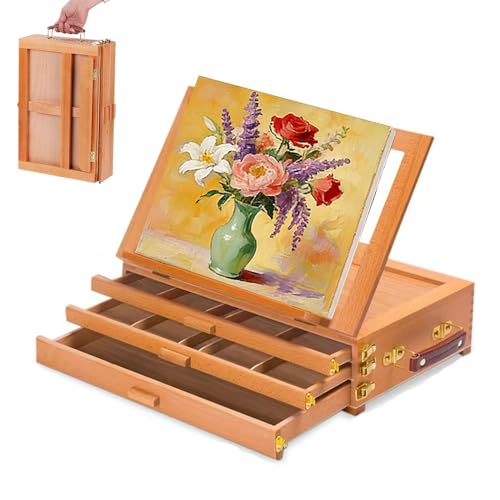 Caballete De Mesa,Caballete De Escritorio Portátil De En Madera De Haya Ajustable, Con 3 Cajones, Adecuado Para Pintura y Dibujo, Ideal Para Adultos, Artistas y Principiantes