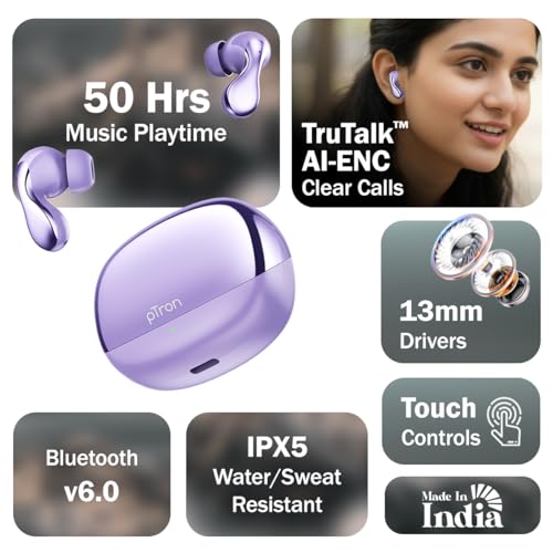 Image of pTron Bassbuds Tango in-Ear TWS Ear Buds w /Custom EQ, 50hrs Playtime, Pristine Sound, Dual Mic, TruTalk ENC Calls, Mobile App, Wireless Bluetooth V6.0, Touch Controls, Type-C Charging, IPX5 (Lilac)
