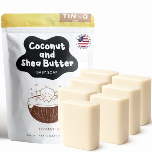 TINOQ Fragrance Free Baby Bar Soap for Sensitive Skin | Unscented Natural soap bar for toddlers kids adults with gentle skin | Organic ING | Made in USA | 7 Bars