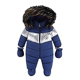 ジャンプスーツ ベビー 赤ちゃん ベビ服 秋冬 長袖 防寒 秋冬 手袋 スキーウェア 防寒着 フード 長袖 もこもこ スキー 着せ替え便利 外出着 年賀状 男女兼用 (ブルー，80)