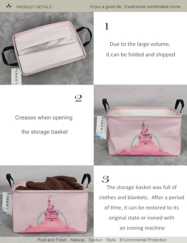 Image of Rectangular Pink Princess Laundry Storage Bin for Adults and Kids | Damp resistant canvas fabric, sturdy stitched carry handles, foldable design organizes closet and playroom daily supplies