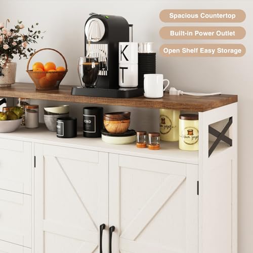 Image of 47 inch Antique White Storage Cabinet with Doors and Drawers, Farmhouse Sideboard Buffet Cabinet with Storage, Kitchen Pantry Hutch, Coffee Bar Station Table for Kitchen, Livingroom, Dining Room