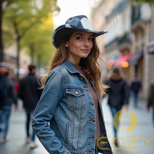 Image of Tie Dye Denim Patchwork Cowboy Hat for Women Men Western Wide Brim Costume Party Hat