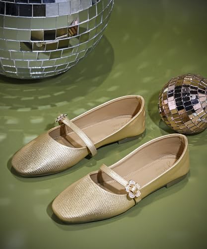 Image of JM LOOKS Elegant Textured Metallic Mary Jane Flats with Floral Buckle Detail and Comfortable Low Profile Sole