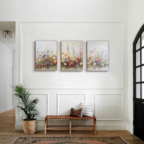 SERIMINO Nature Floral Botanical Wall Art Prints Aesthetic Farmhouse Decor, Misty Flowers Modern Home Decor Paintings, 3 Piece Canvas Wall Art for Living Room Bathroom Bedroom 12"X16"