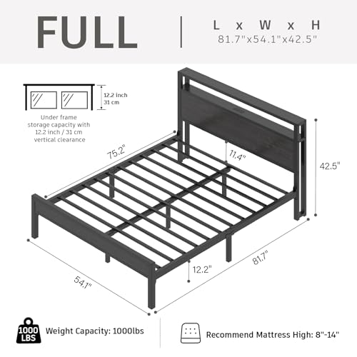 Image of E-Motie Full Size Bed Frame with LED Lights and Charging Station, Wood Storage Headboard with 2-Tier Shelves, Heavy Duty Metal Slats, No Box Spring Need, Noise Free, Easy Assembly, Black