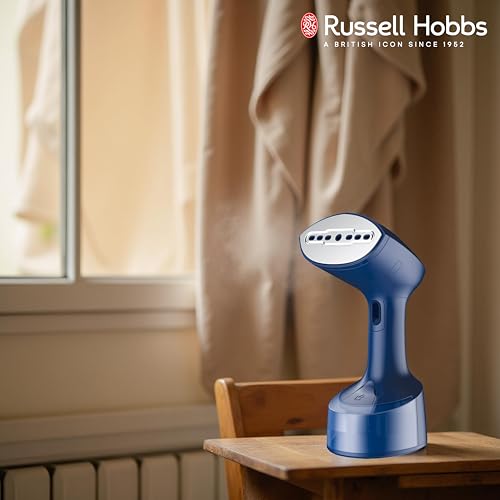 Image of Russell Hobbs 1500W Foldable Handheld Garment Steamer | Quick Heat-Up in 25s, 24g Constant Steam Output with Lock Button | Brush Attachment & 99.9% Bacteria Removal | RGS1500HANDYF (Blue)