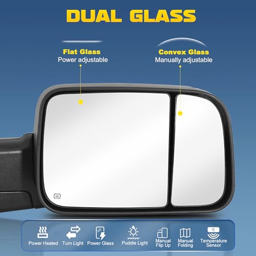AUTOSTARSHIP Pair Power Heated Towing Mirrors Compatible with 2009-2018 Dodge Ram 1500 2500 3500/2019-2024 Ram 1500 Classic w/LED Turn Signal Light Side Mirror Temperature Sensor (Black) - Thumbnail 2