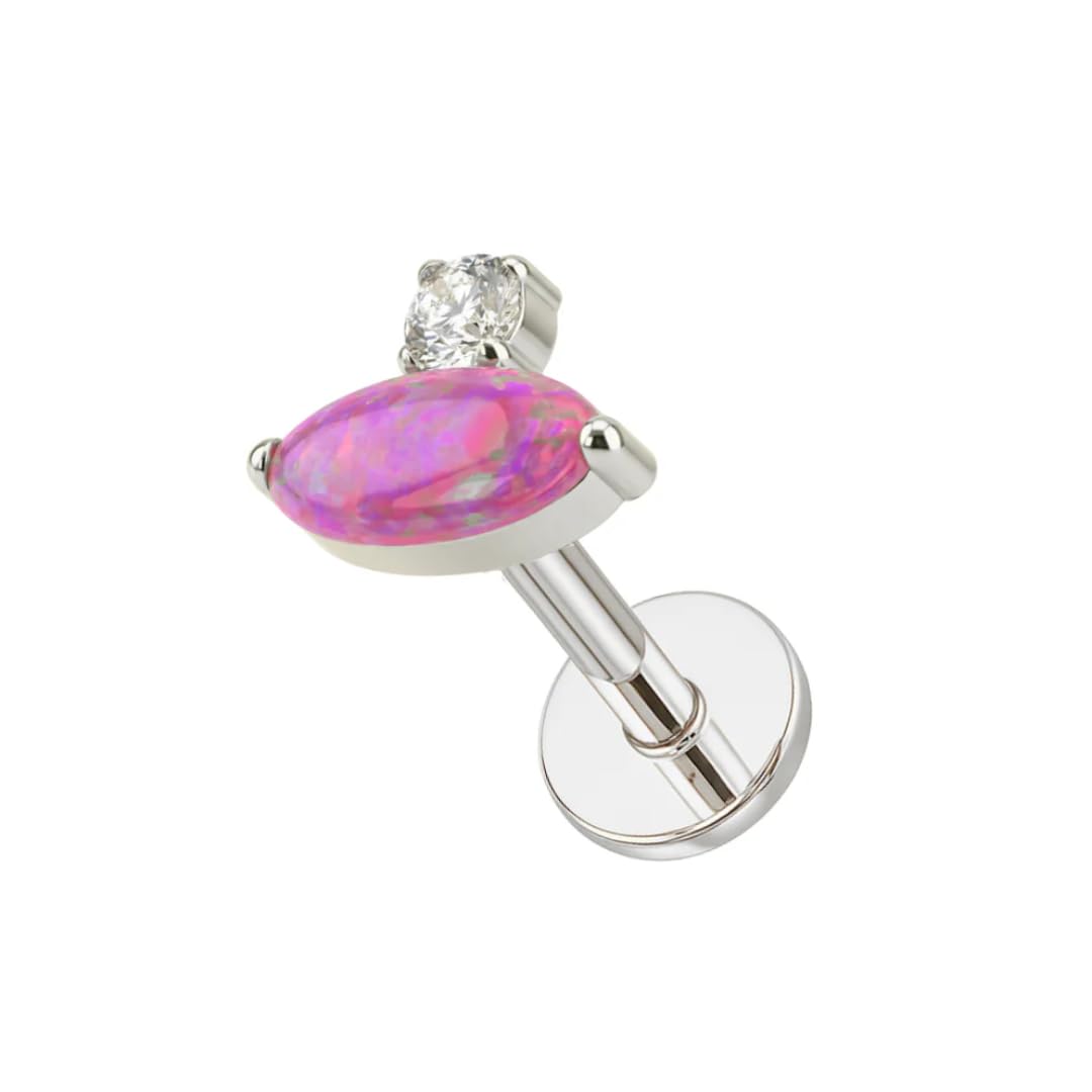 G23 Titan gewindelose flache Rückseite Ohrstecker für Frauen - ovaler Opal & Zirkonia CZ Knorpel Tragus Helix Labret Piercing Schmuck, hypoallergen, Sterlingsilber plattiert Push-In Körperschmuck